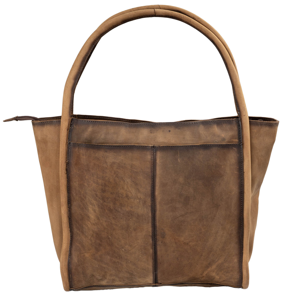 Genuine leather tote bag with dual rolled leather handles displayed on a white background.