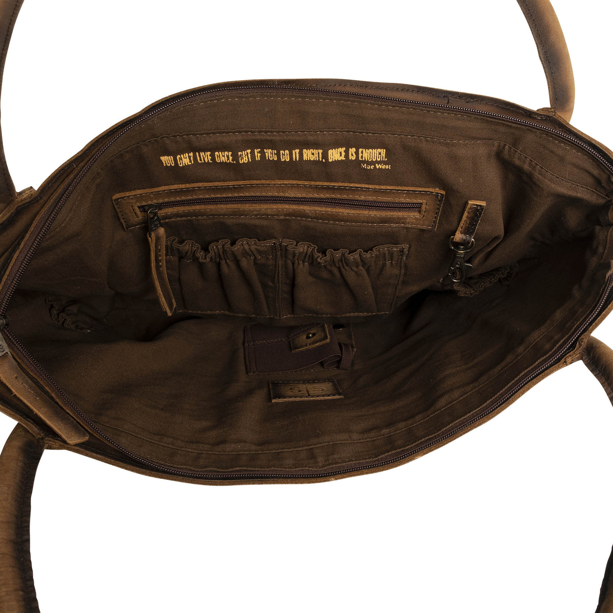 Inside main compartment with 1 zip pocket, 2 scrunch pockets and a concealed carry pocket.