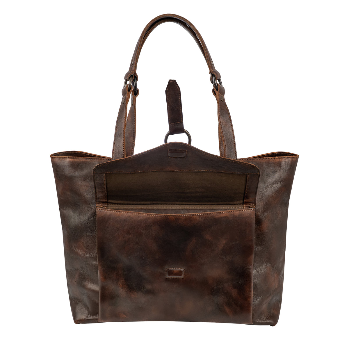 front magnetic flap open on our Bandera chocolate leather tote purse with buckstitch, top zip closure and magnetic buckle front pocket on white background