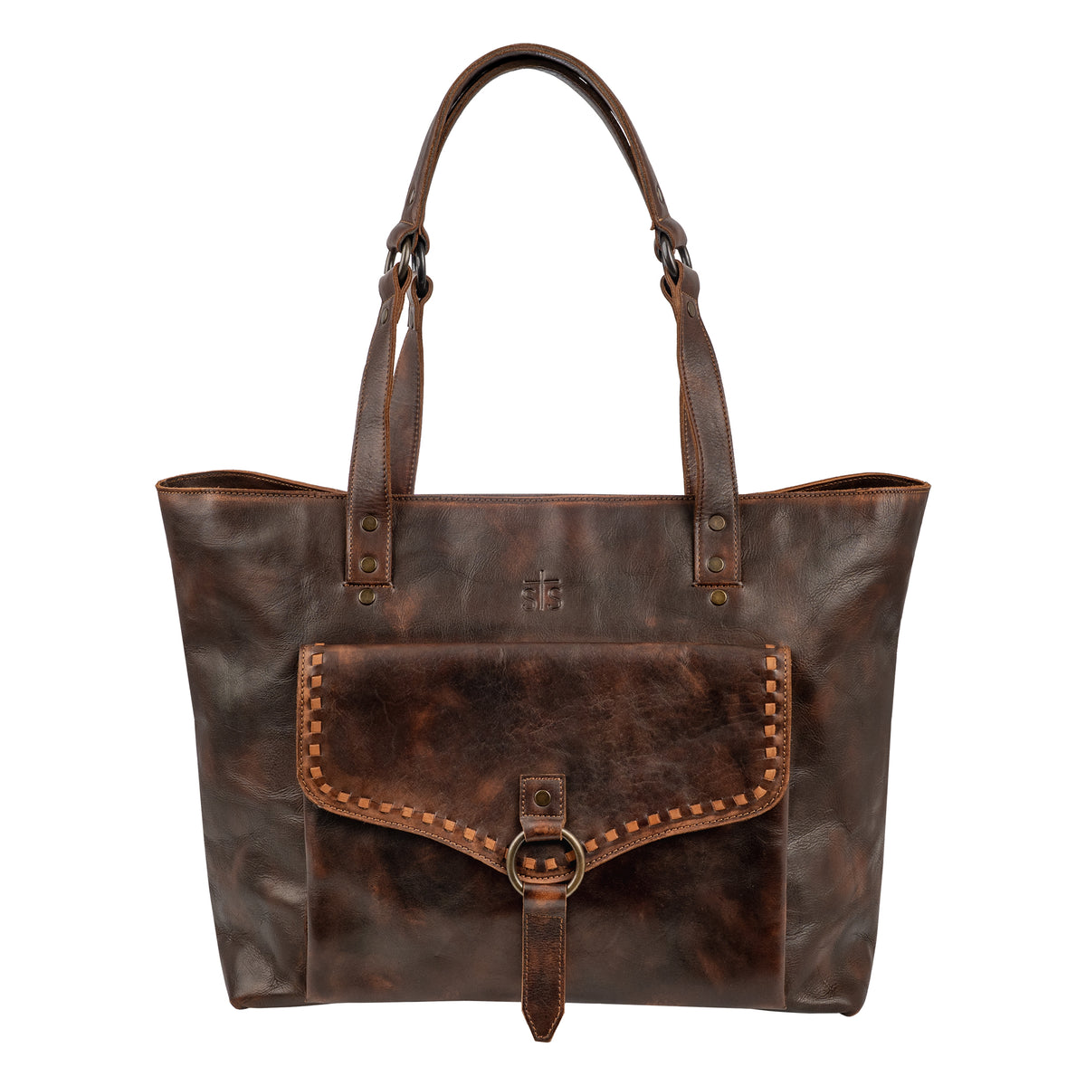 Bandera chocolate leather tote purse with buckstitch, top zip closure and and magnetic buckle front pocket on white background