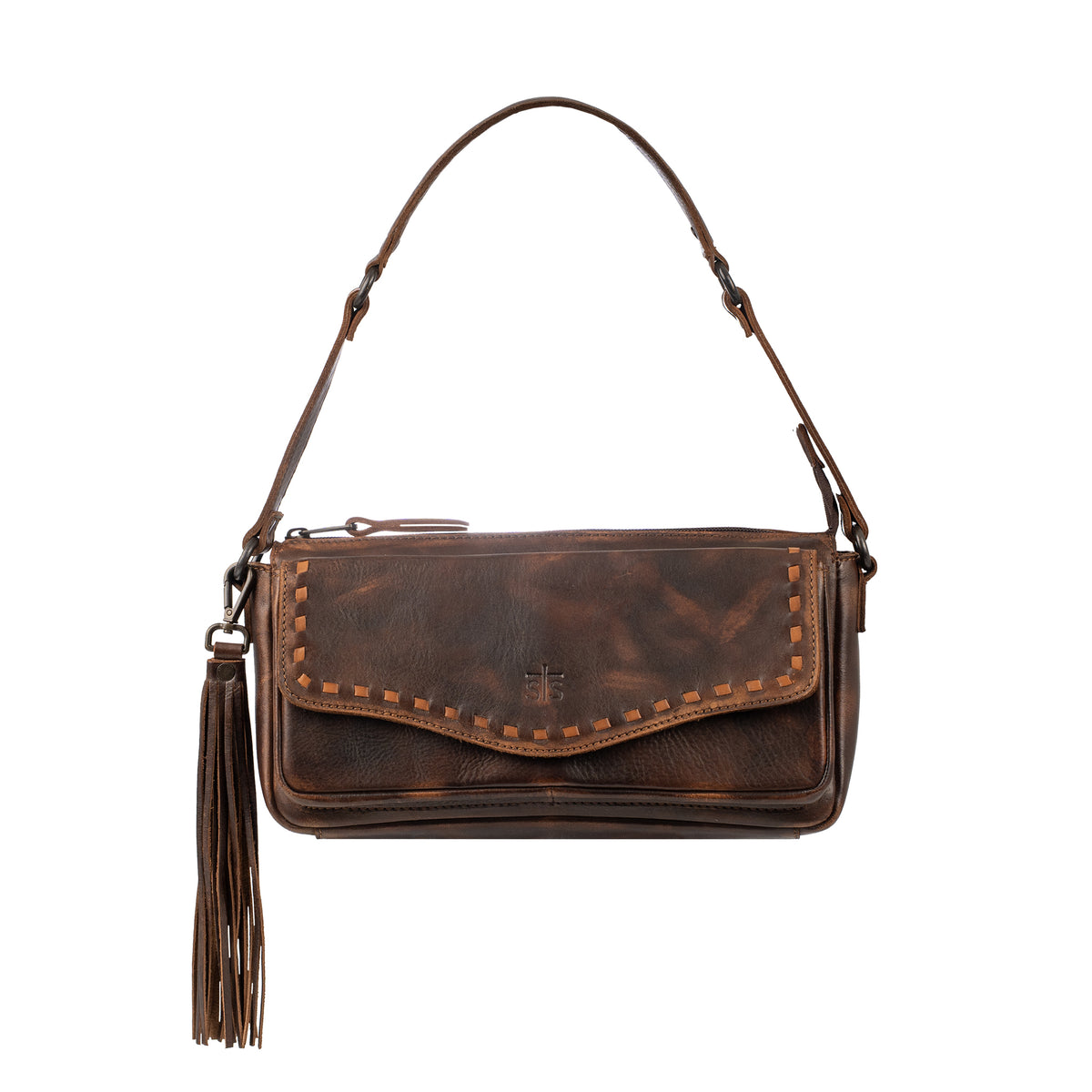 Bandera chocolate leather shoulder bag with buckstitch, top zip closure, front magnetic pocket and back slip pocket on white background