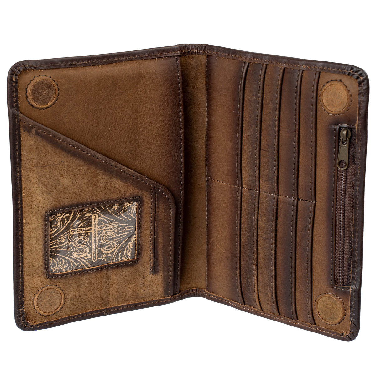 Inside of brown genuine leather wallet with 1 zip closure compartment, 1 ID slot, card slots and a cash slip on a white background.