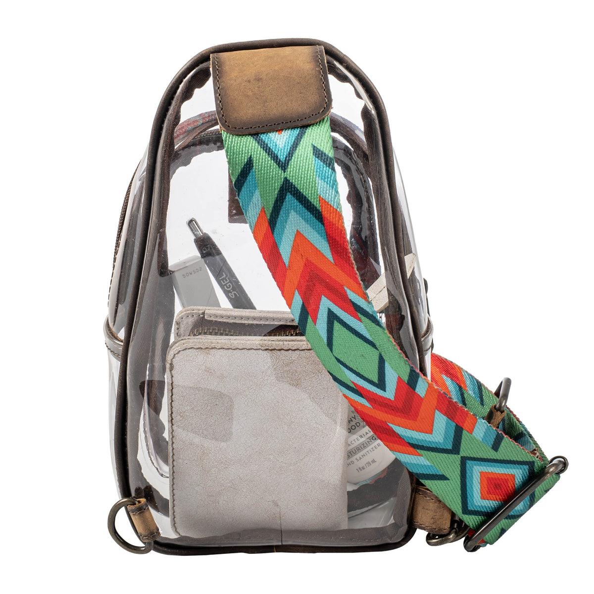 Clear backpack with a colorful strap on a white background.