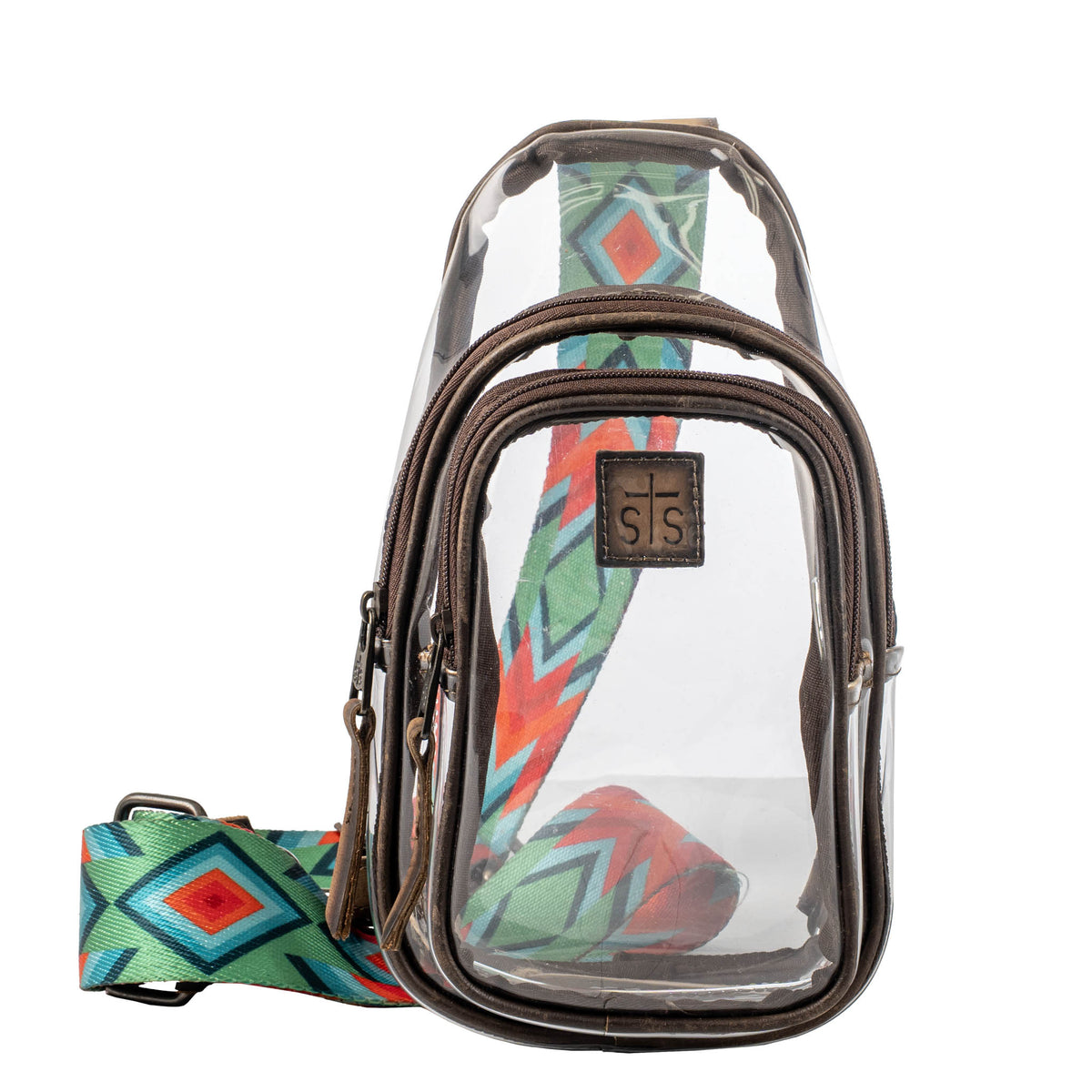 Clear sling bag with colorful strap on a white background.