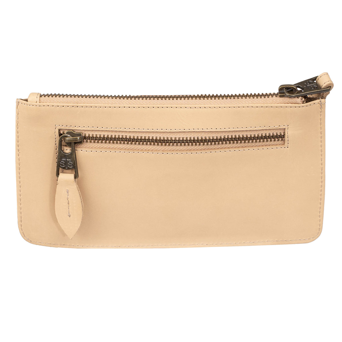 The back of a beige leather wallet with top zip closure back zip closure pocket on a white background.