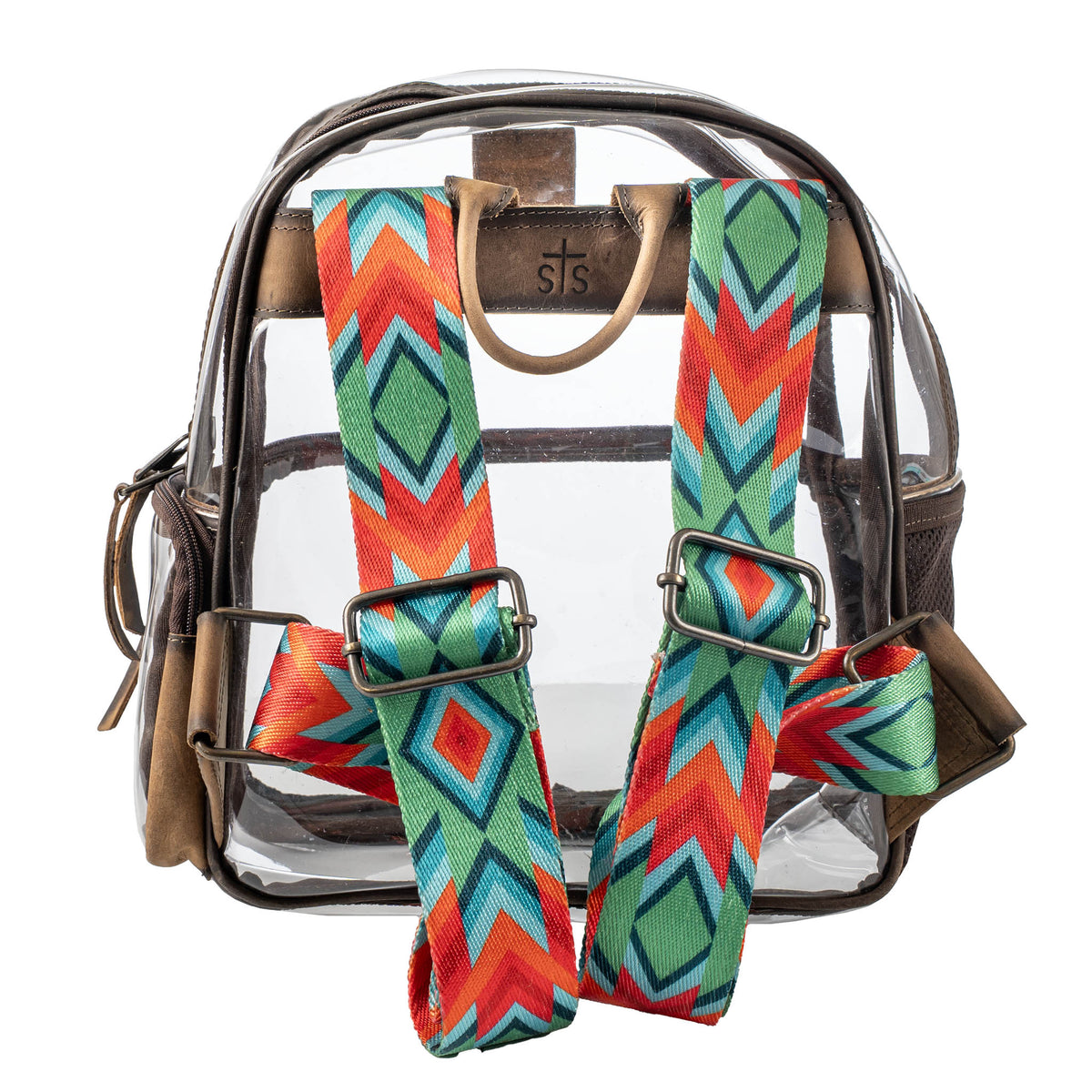 Clear backpack with colorful backpack straps featuring geometric patterns on a white background.