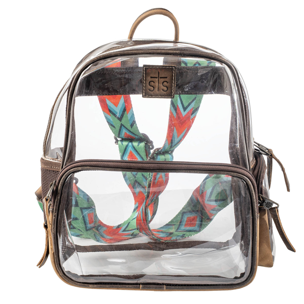 Clear backpack with brown leather straps and a colorful patterned backpack straps, on a white background.