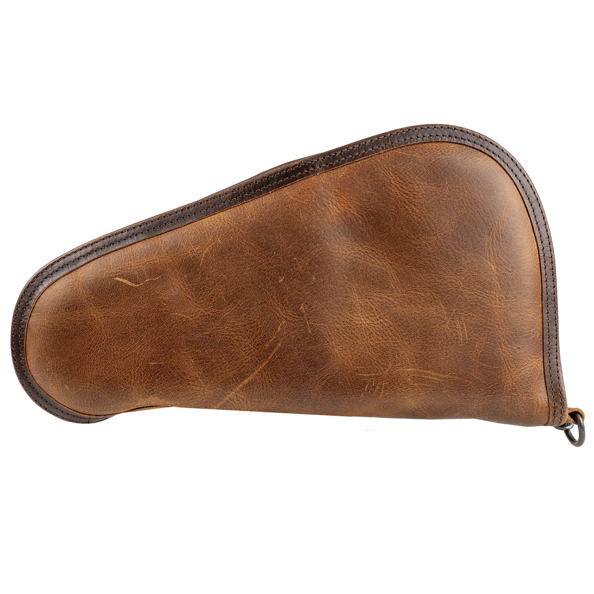 Back of a brown full grain leather pistol case with a zip around closure.