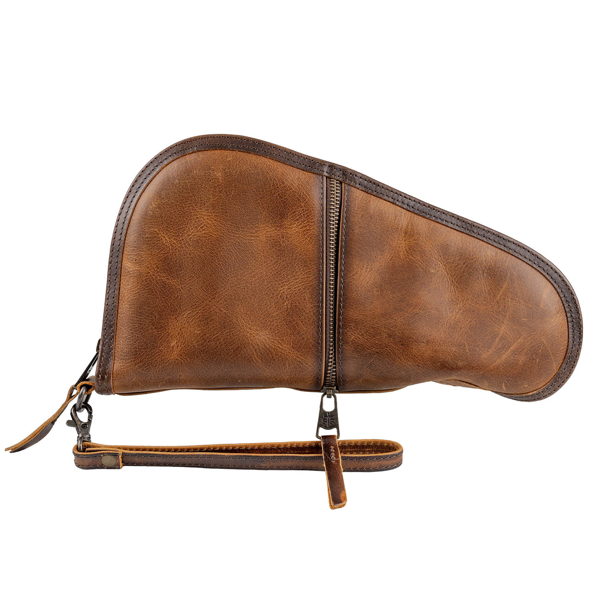 A brown full grain leather pistol case with a zip around closure, 1 zip pocket and a leather wristlet strap.