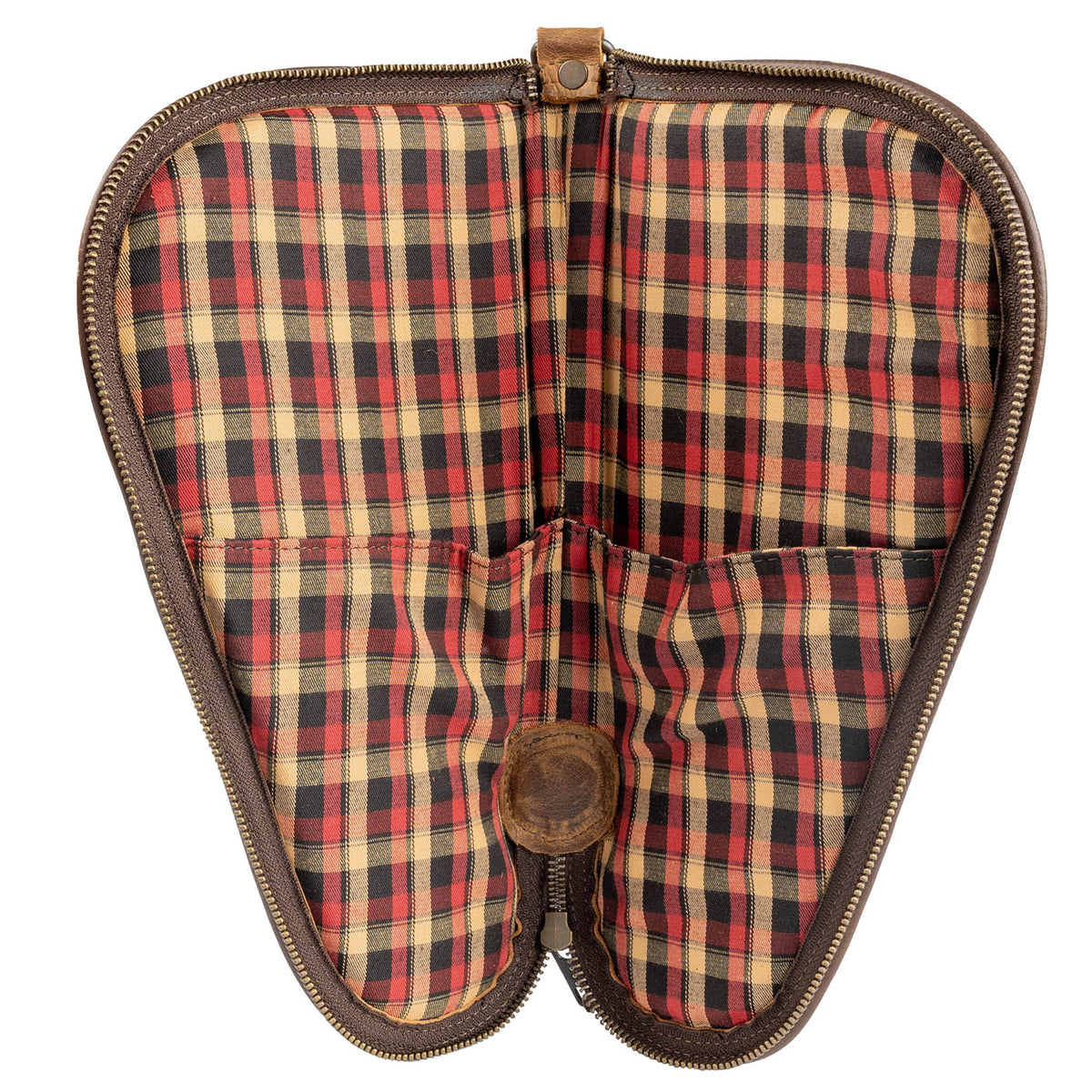 Interior of a brown full grain leather pistol case with red and black plaid lining.