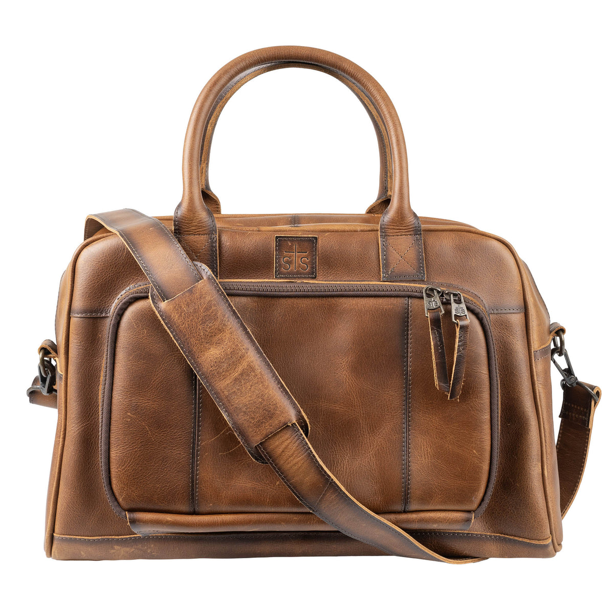 Brown genuine leather bag with a shoulder strap, zip pocket and brown leather handles on a white background.