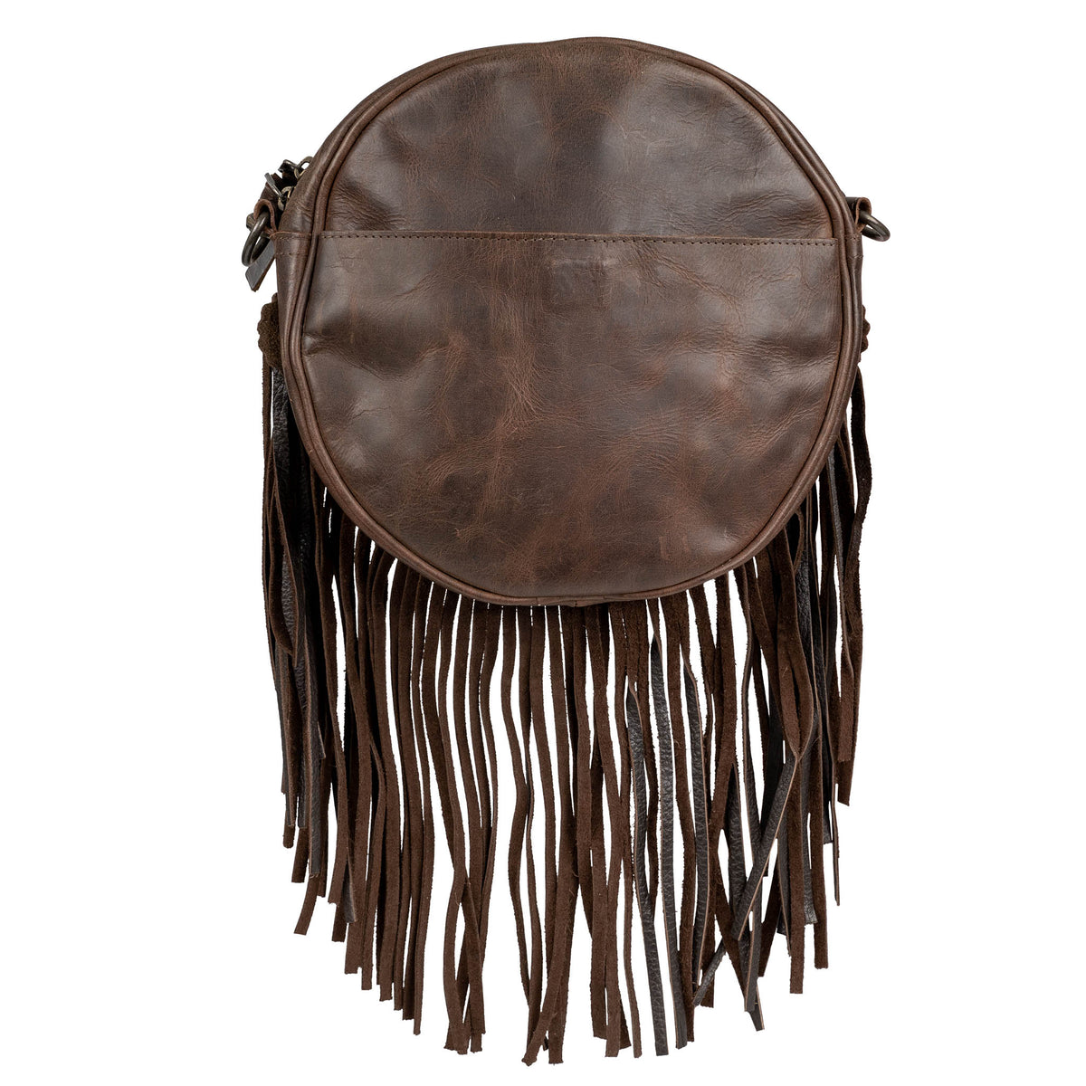 Brown leather bag with fringe on a white background.