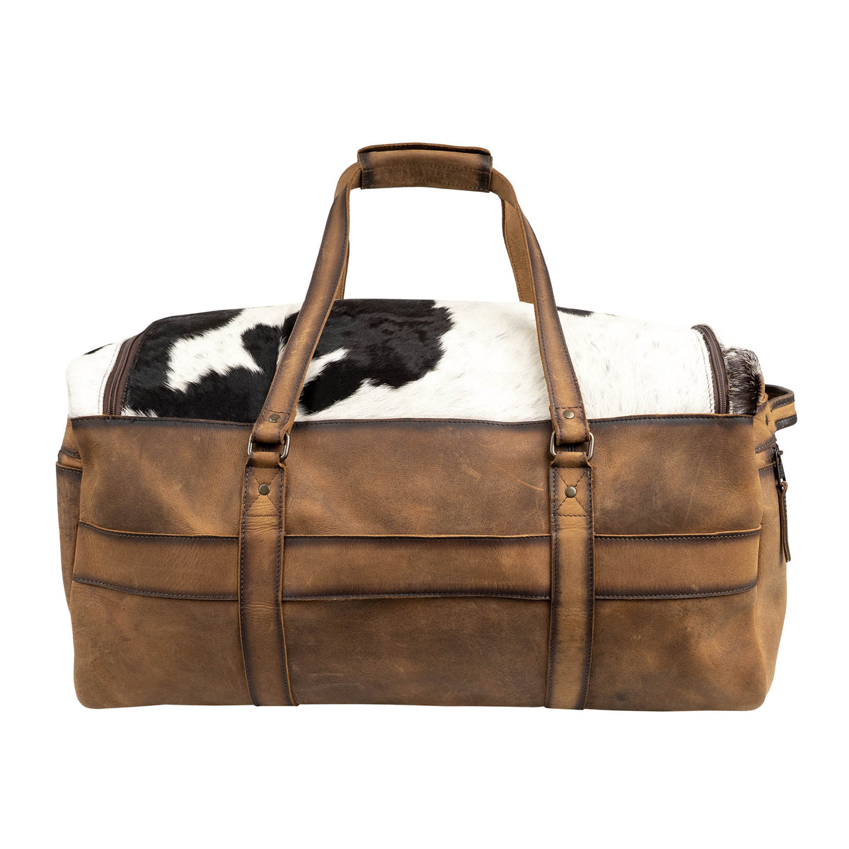 Duffel bag with cowhide and brown leather accents featuring leather handles and trolley sleeve.
