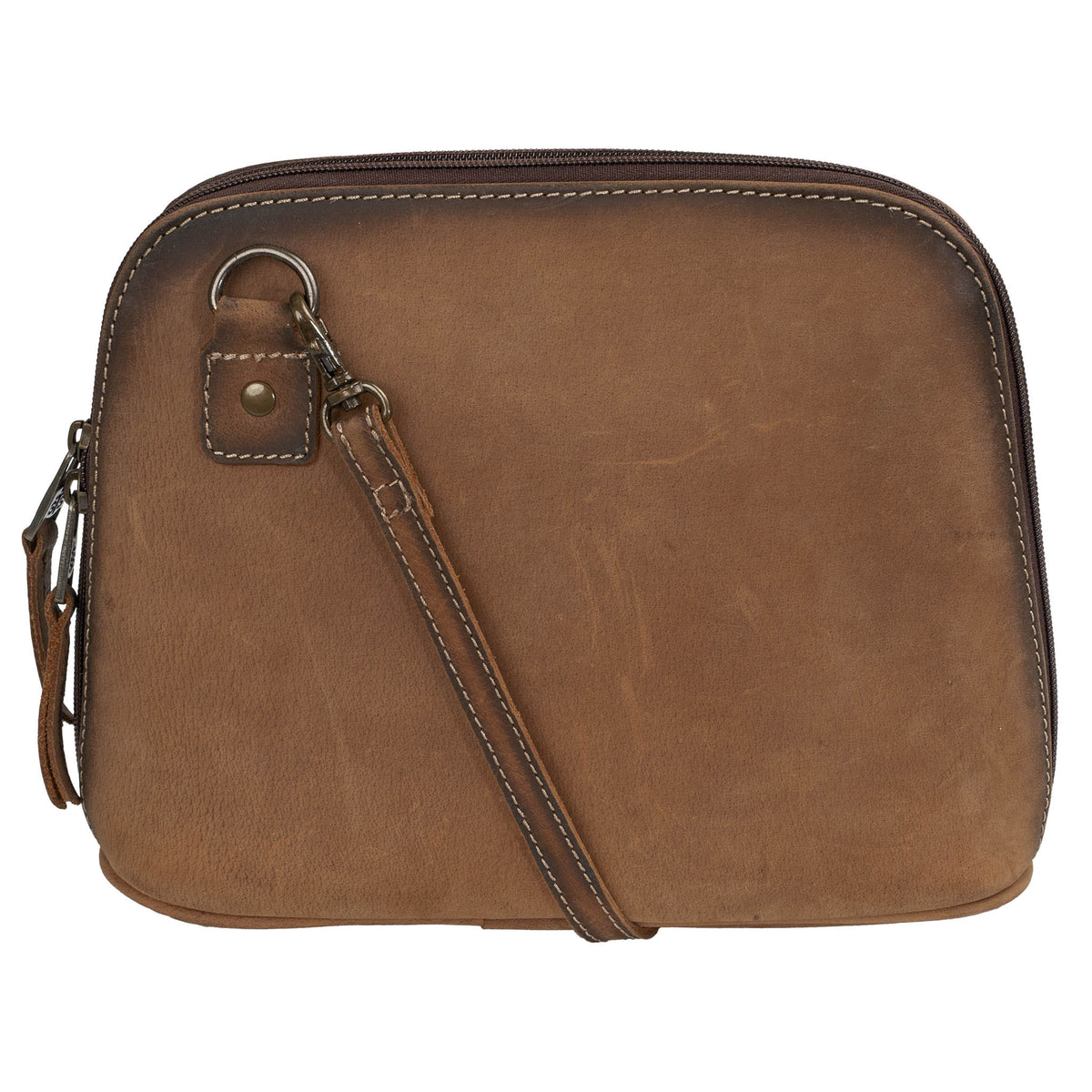 Back of a genuine leather pouch with brown genuine leather strap and zip around closure on a white background.