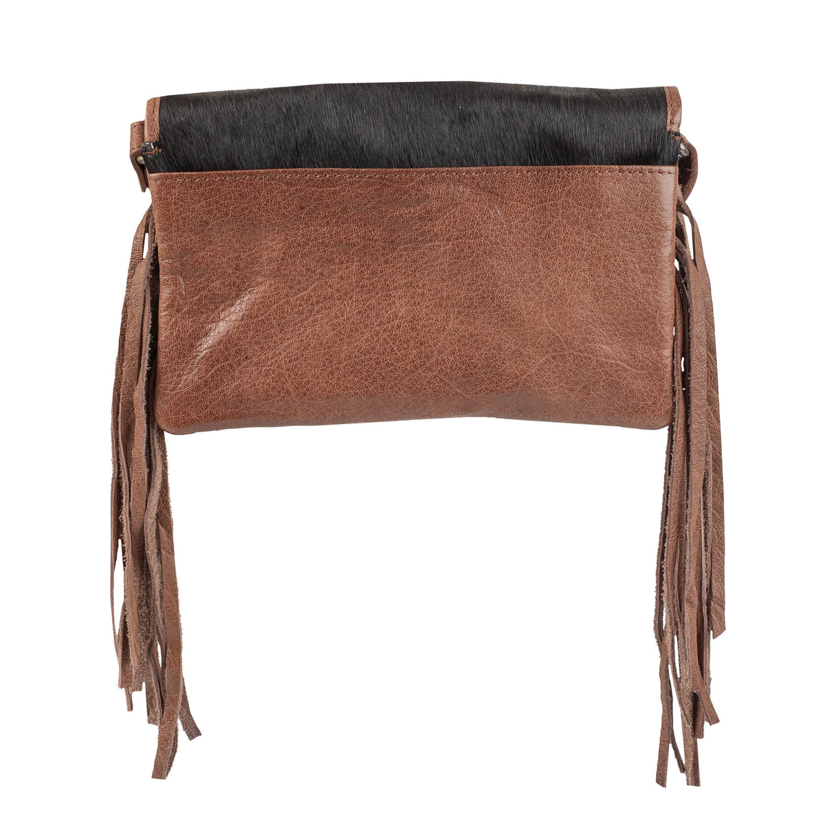 Brown leather handbag with fringe details on a white background.