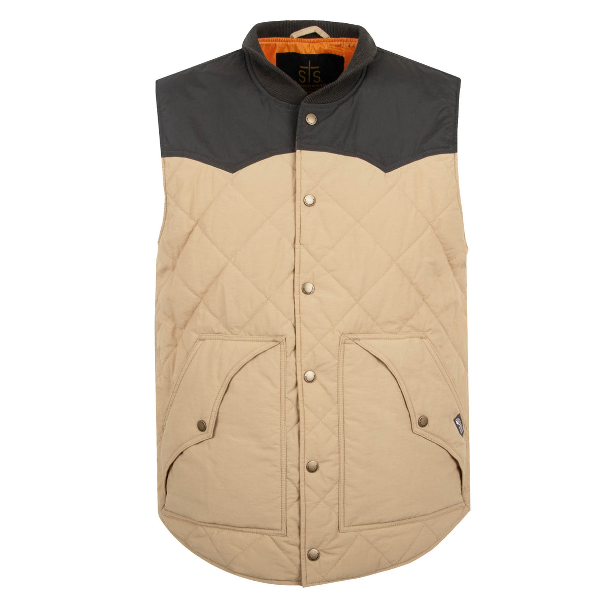 A men's Pagosa Vest featuring a quilted design, snap front closure, and two exterior hand warming pockets. The vest has a beige shell with a dark gray western yoke.