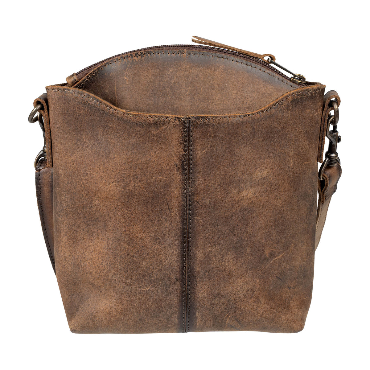 Back view of a leather crossbody purse on a white background.