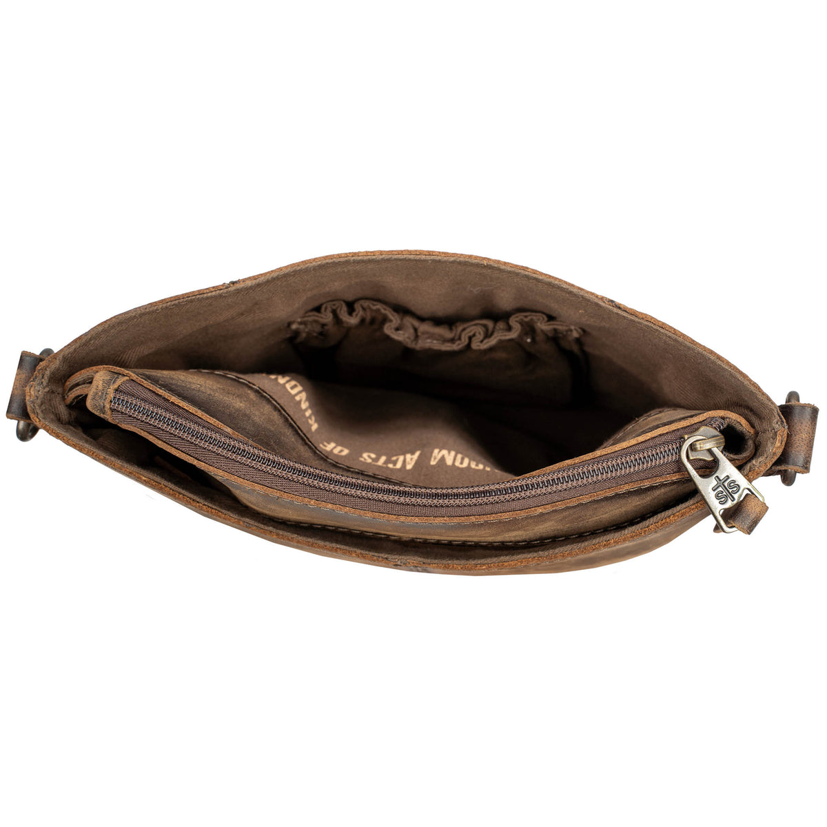Over head inside view of the storage in a leather crossbody purse on a white background.