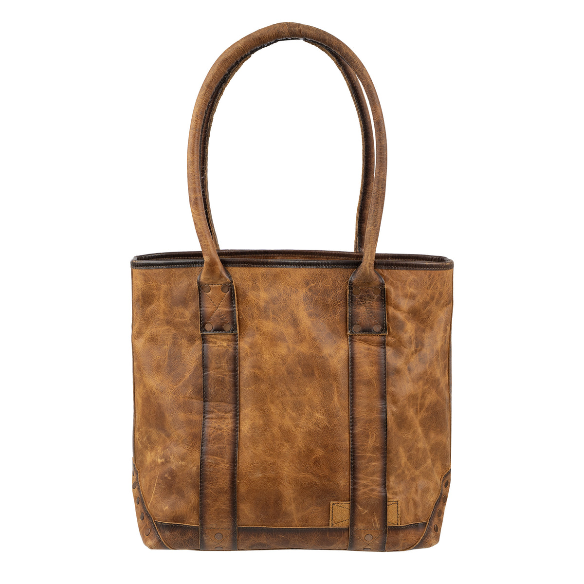 back of our cowhide and distressed full grain leather purse with top zip closure, two top carry handles and removable tassel on white background