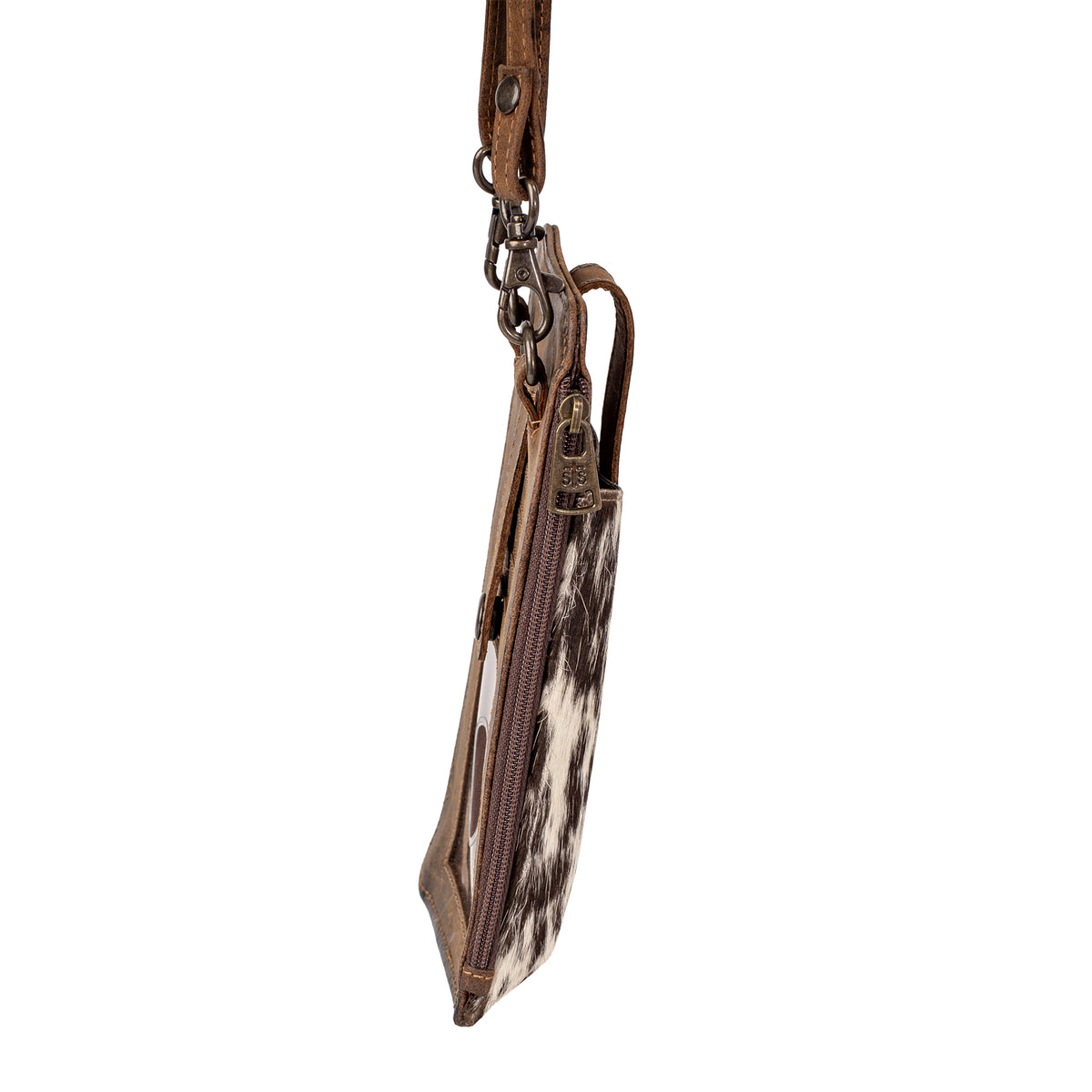 Side view of genuine leather phone sling featuring cowhide accents and adjustable crossbody strap.