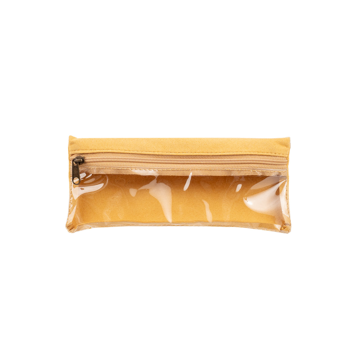 larger clear and yellow zip pouch on white background