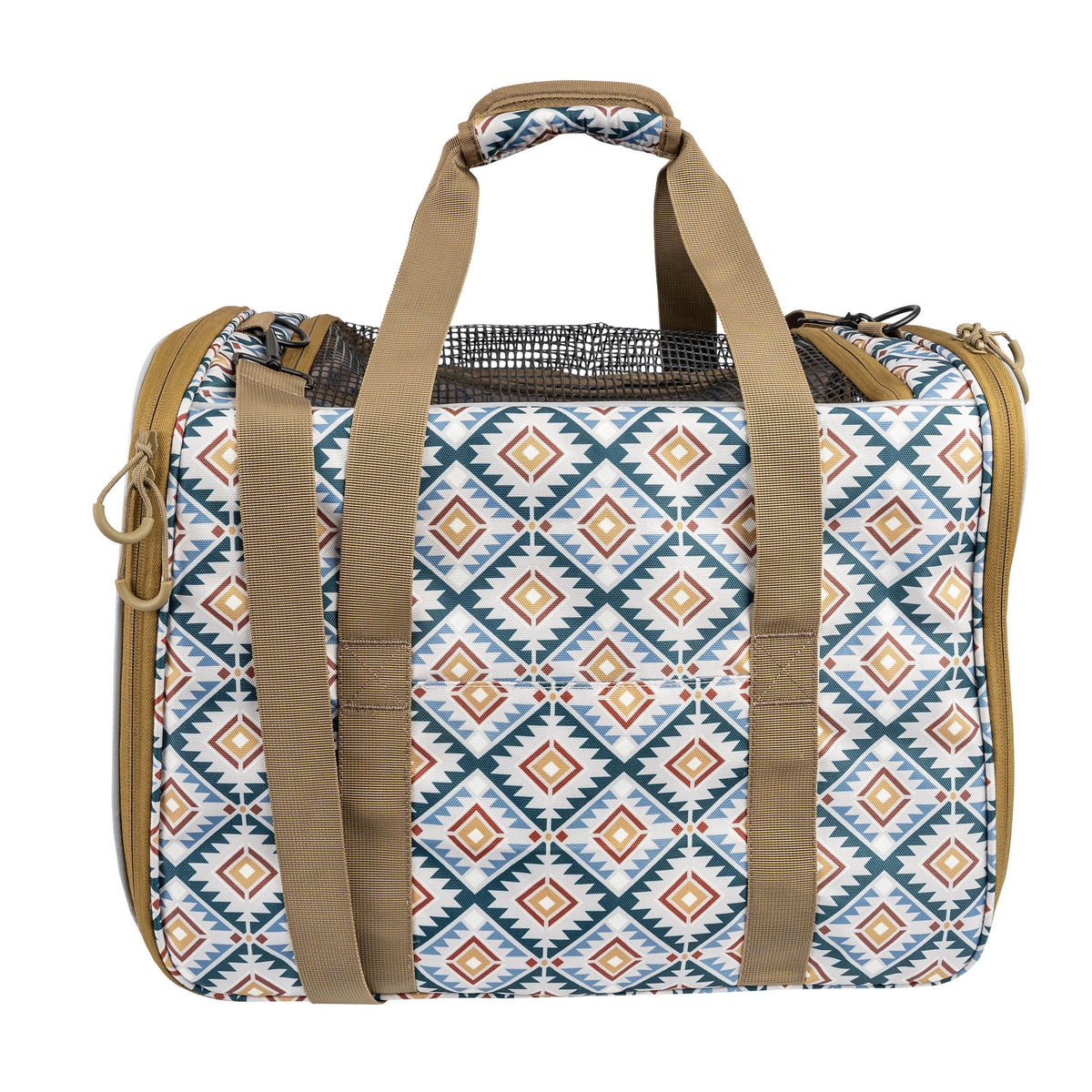 Patterned pet carrier with brown straps on a white background.