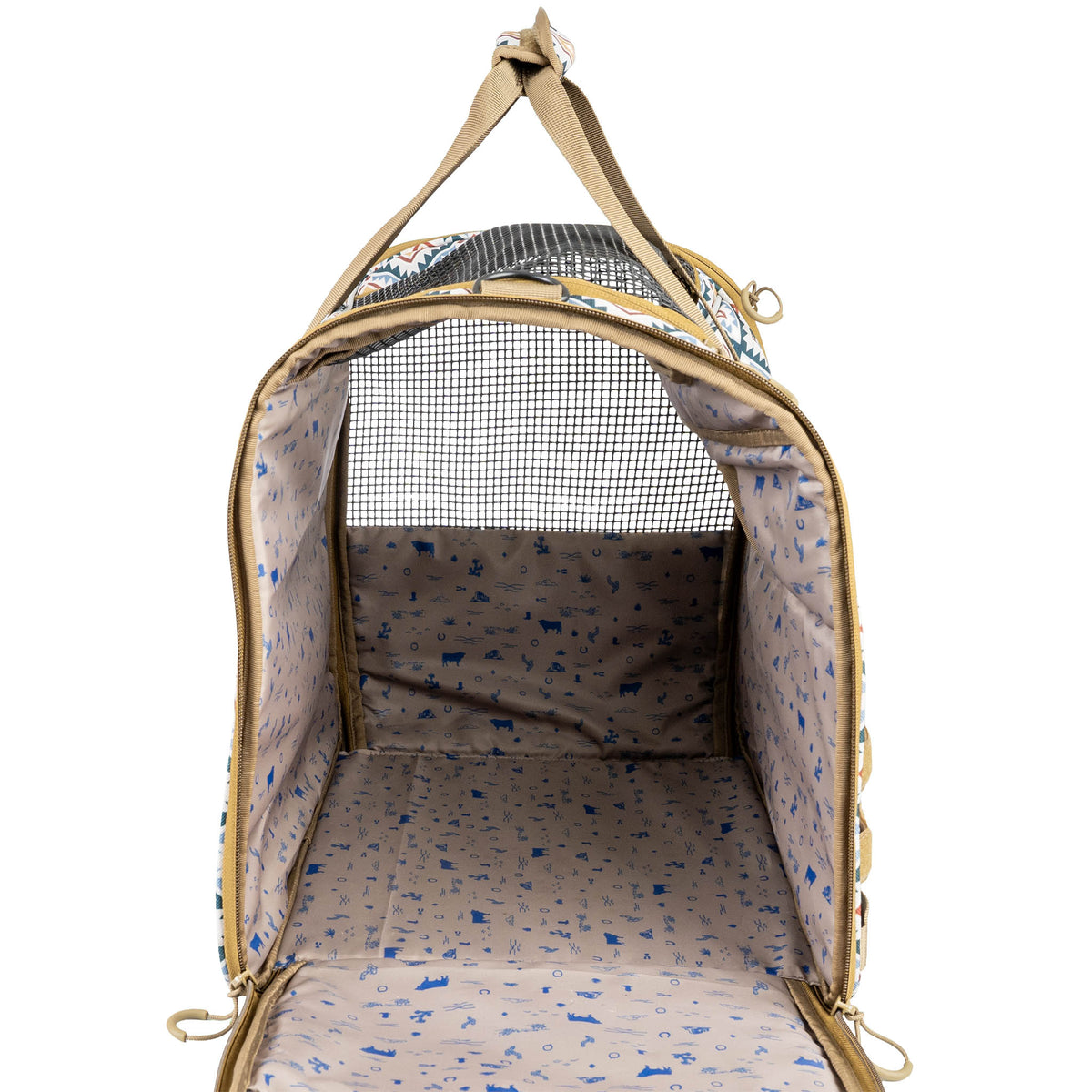 Pet carrier with patterned interior and exterior on a white background.