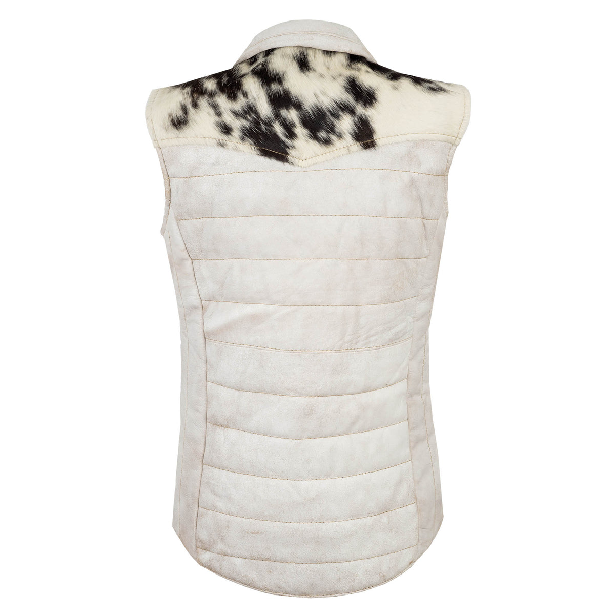 Back of white genuine leather quilted puffer vest with black and white cowhide accents on a white background.