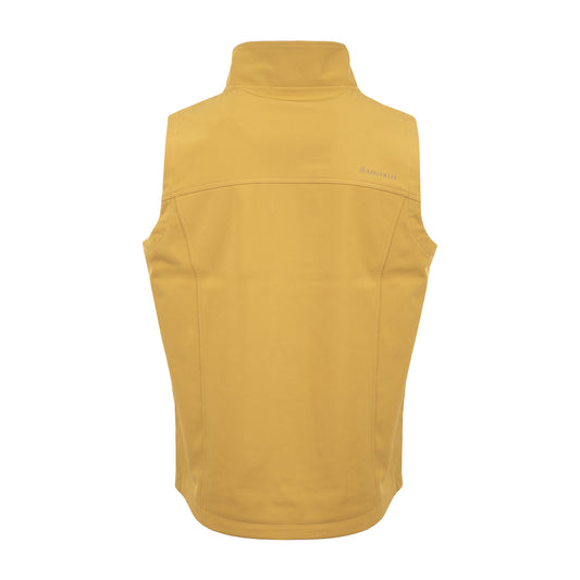 back of our curry yellow fleece lined, zip up vest on white background
