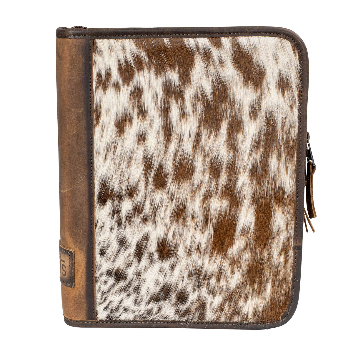 Hair on hide cowhide binder with leather trimming, hair on hide cowhide brown and white accents on a white background.