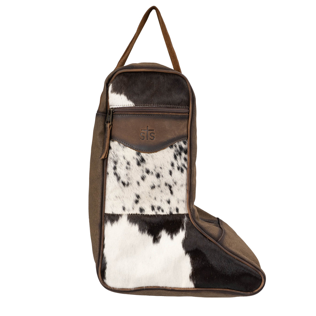 Sling cowboy boot bag with cowhide hair on hide shell, 1 zip closure pocket and leather carrying handle on a white background.