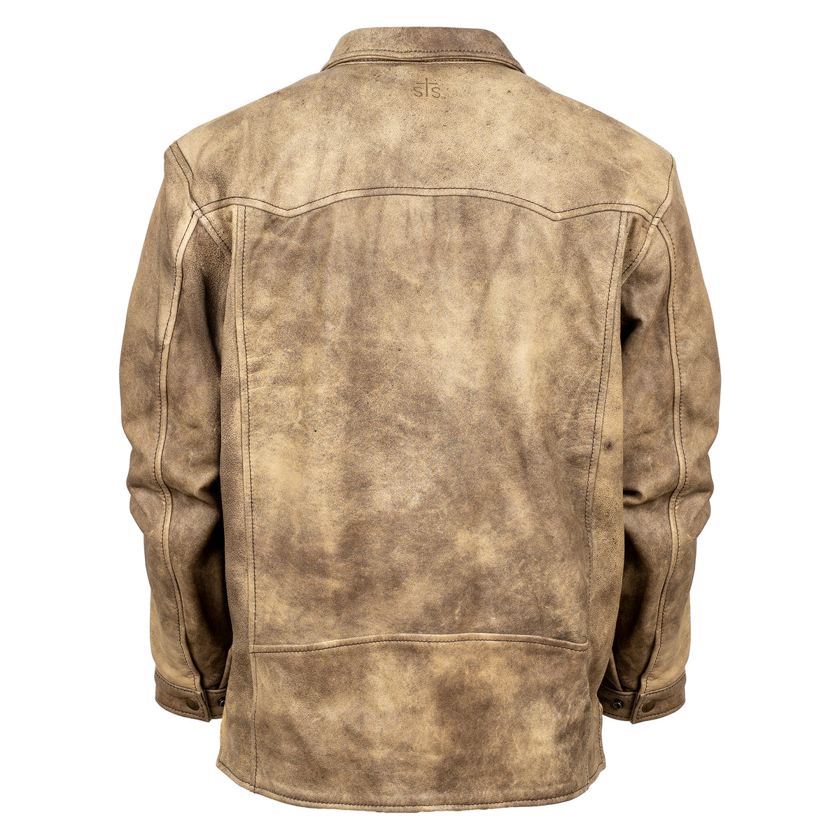 back of our dappled dun beige leather jacket with front snap closure, two chest pockets, and hand warming pockets on white background