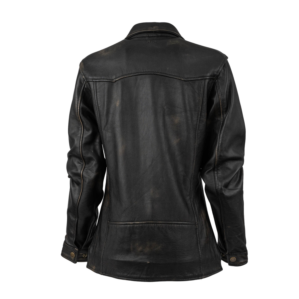 Back of a youth genuine leather Rancher jacket in black featuring adjustable snap wrist cuffs.