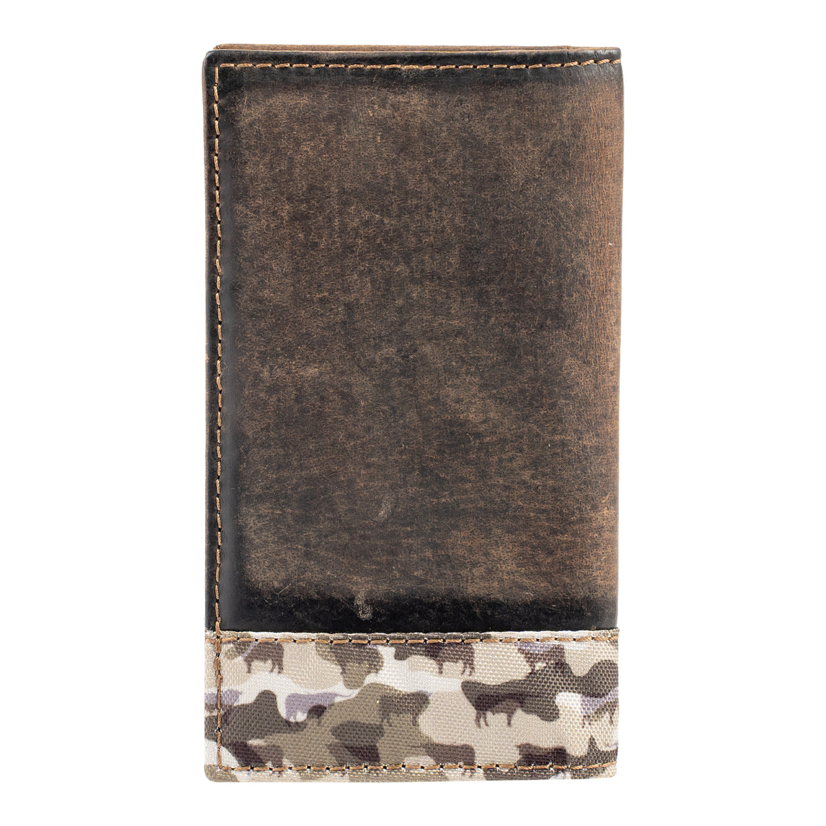 back of our canvas bull camo and full grain leather bifold on white background