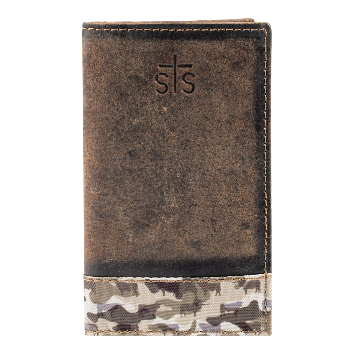 canvas bull camo and full grain leather bifold on white background