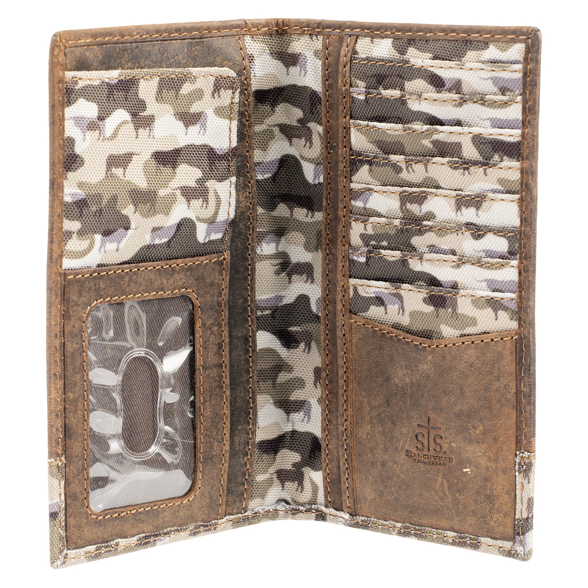 inside view of our canvas bull camo and full grain leather bifold on white background