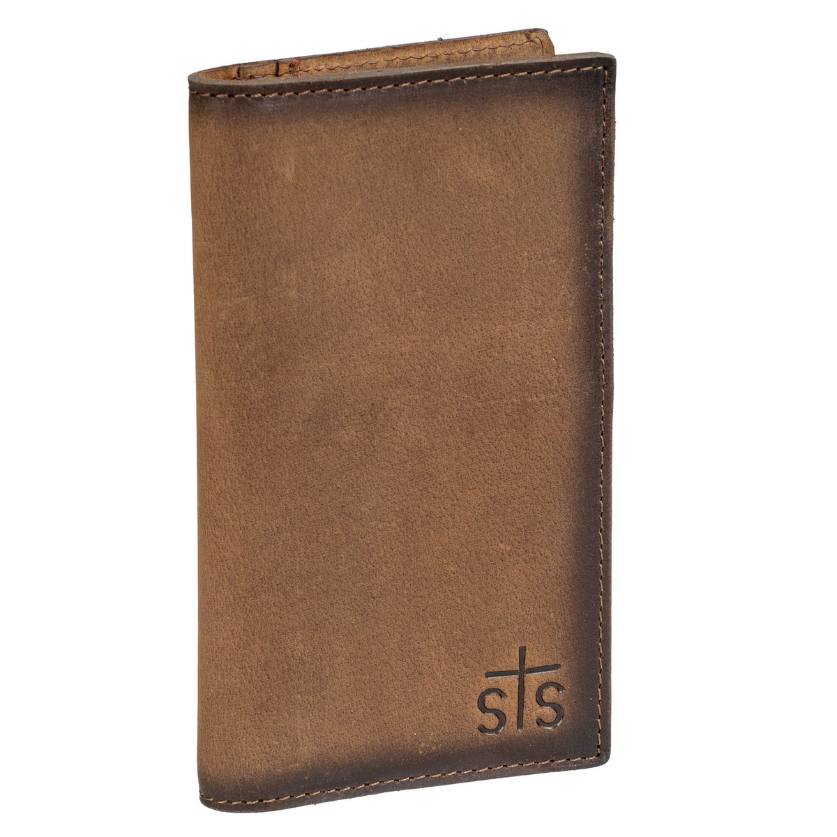 A brown full grain leather bifold wallet with the STS branded logo on the bottom right on a white background.