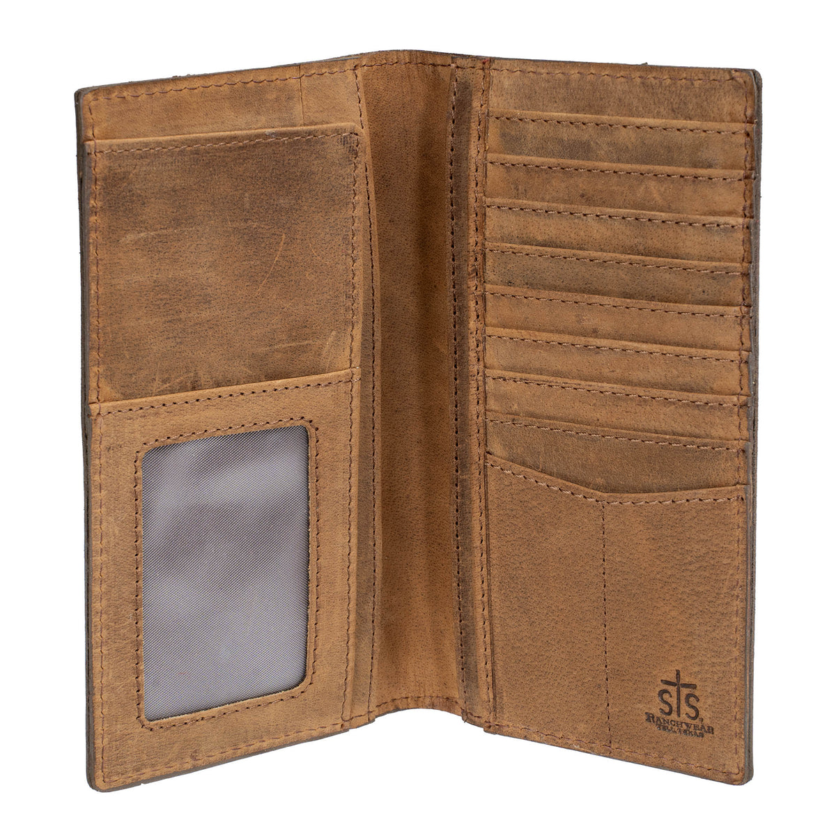 Inside of brown leather bifold wallet with 1 ID slot, cash slips and card slots with STS logo stamped on the bottom right on a white background.