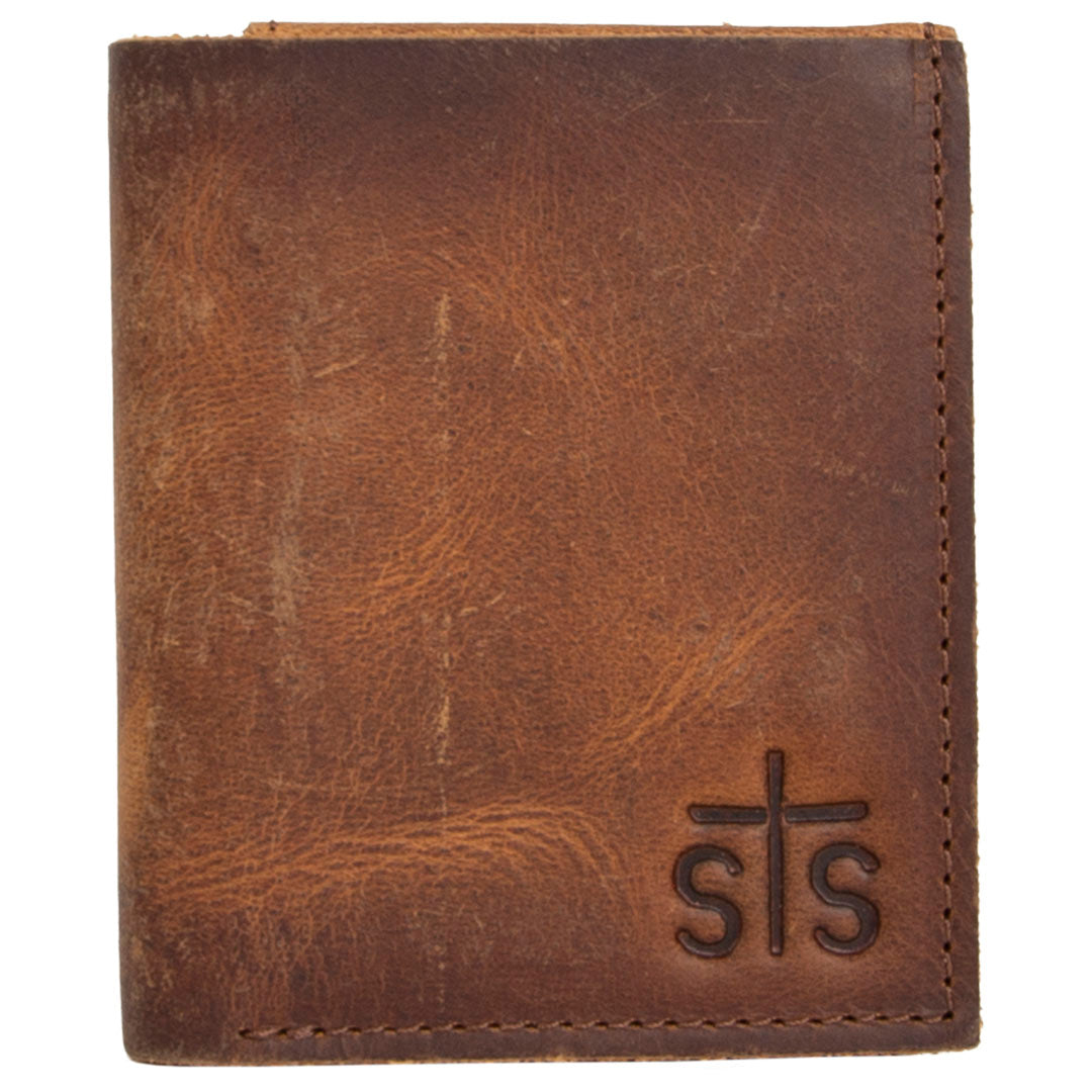 A brown genuine leather wallet with STS brand embossed on the front on a white background.