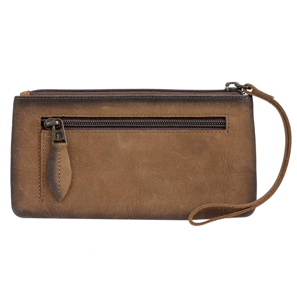 Brown leather wristlet wallet with zip top closure and exterior zip pocket.