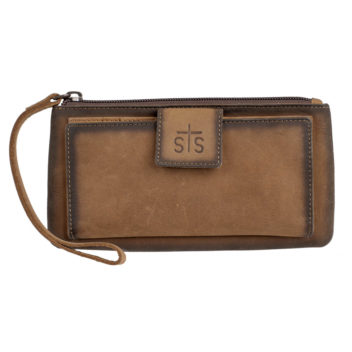 Brown leather wristlet wallet with zip top closure and leather flap with STS embossed.