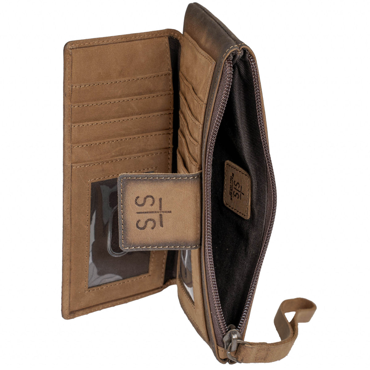 Interior of brown leather wallet with ID slot, card slot and zip closure cash pocket.