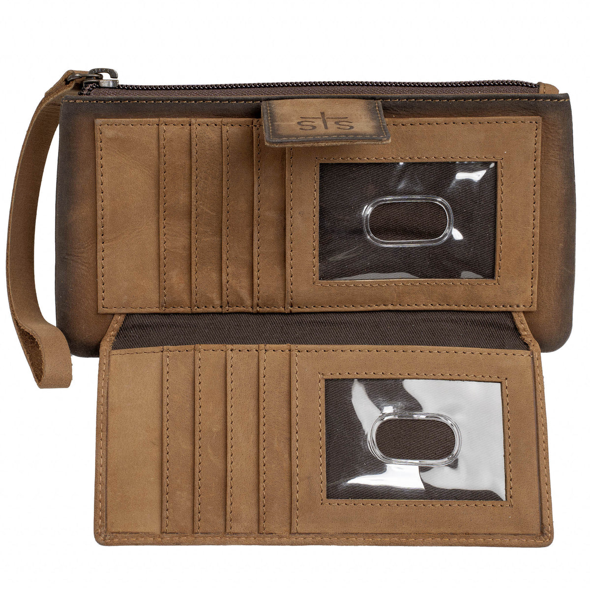 Interior of brown leather wallet featuring two ID slots and card slots.