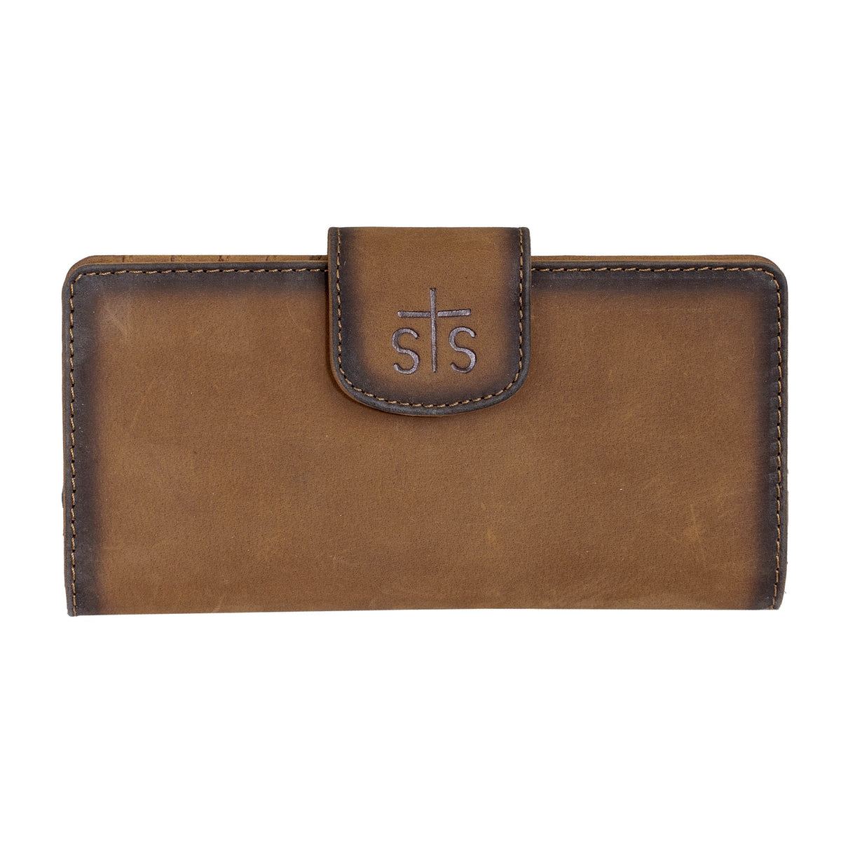 Brown leather wristlet wallet with leather flap and snap closure featuring STS embossed on flap.