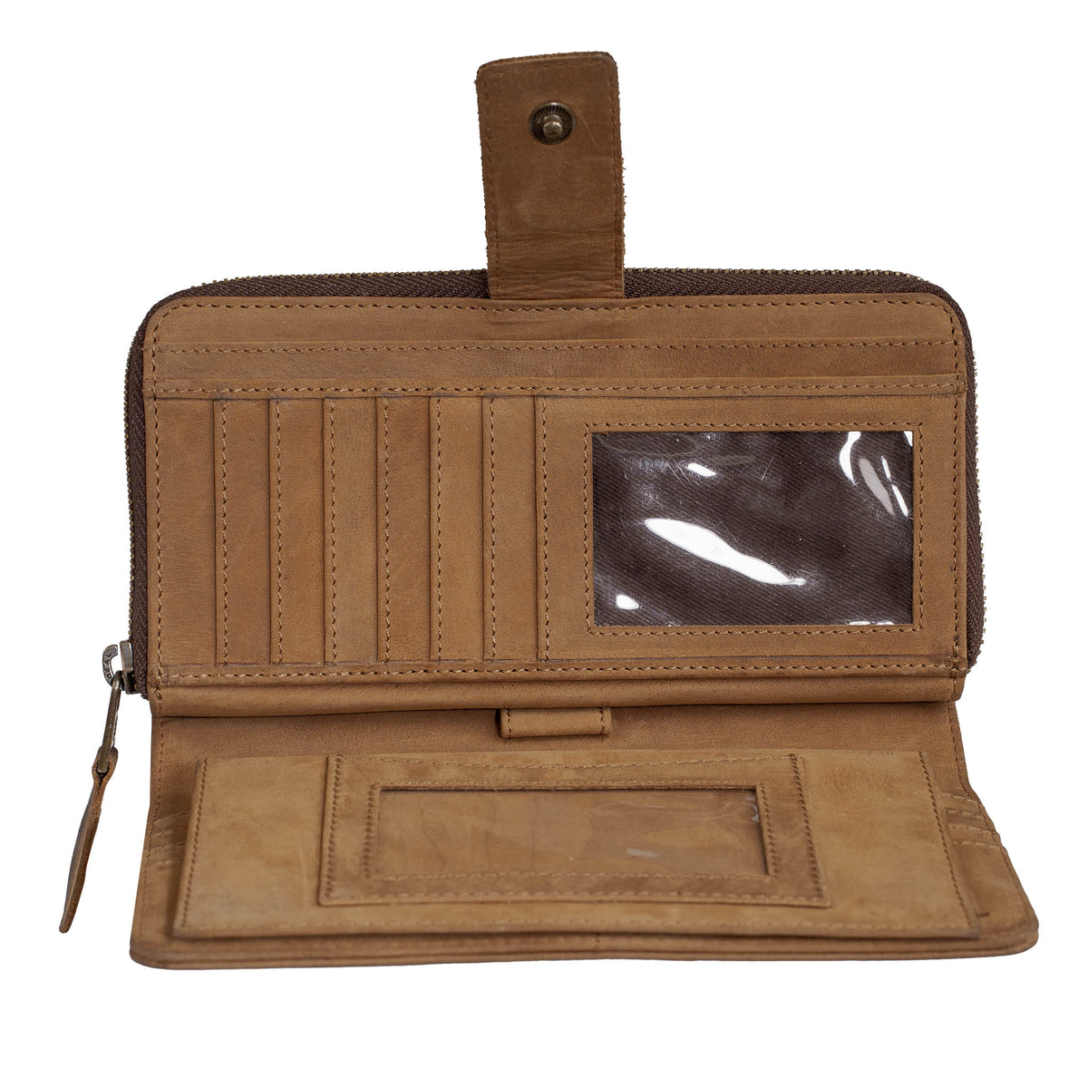 Interior pocket on brown leather wallet featuring 2 ID slots and multiple card slots.