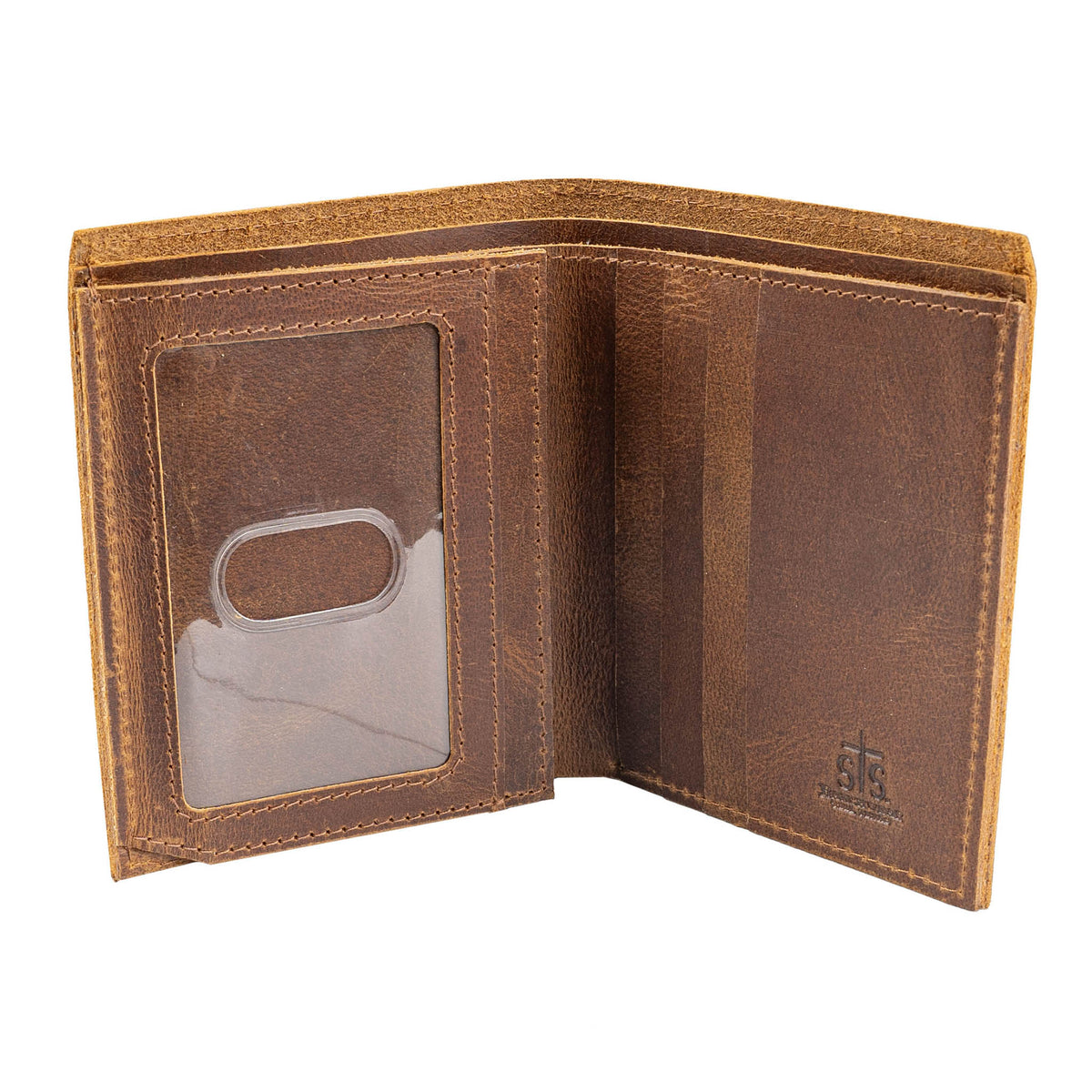 Inside of brown leather wallet with ID slot and card slots.