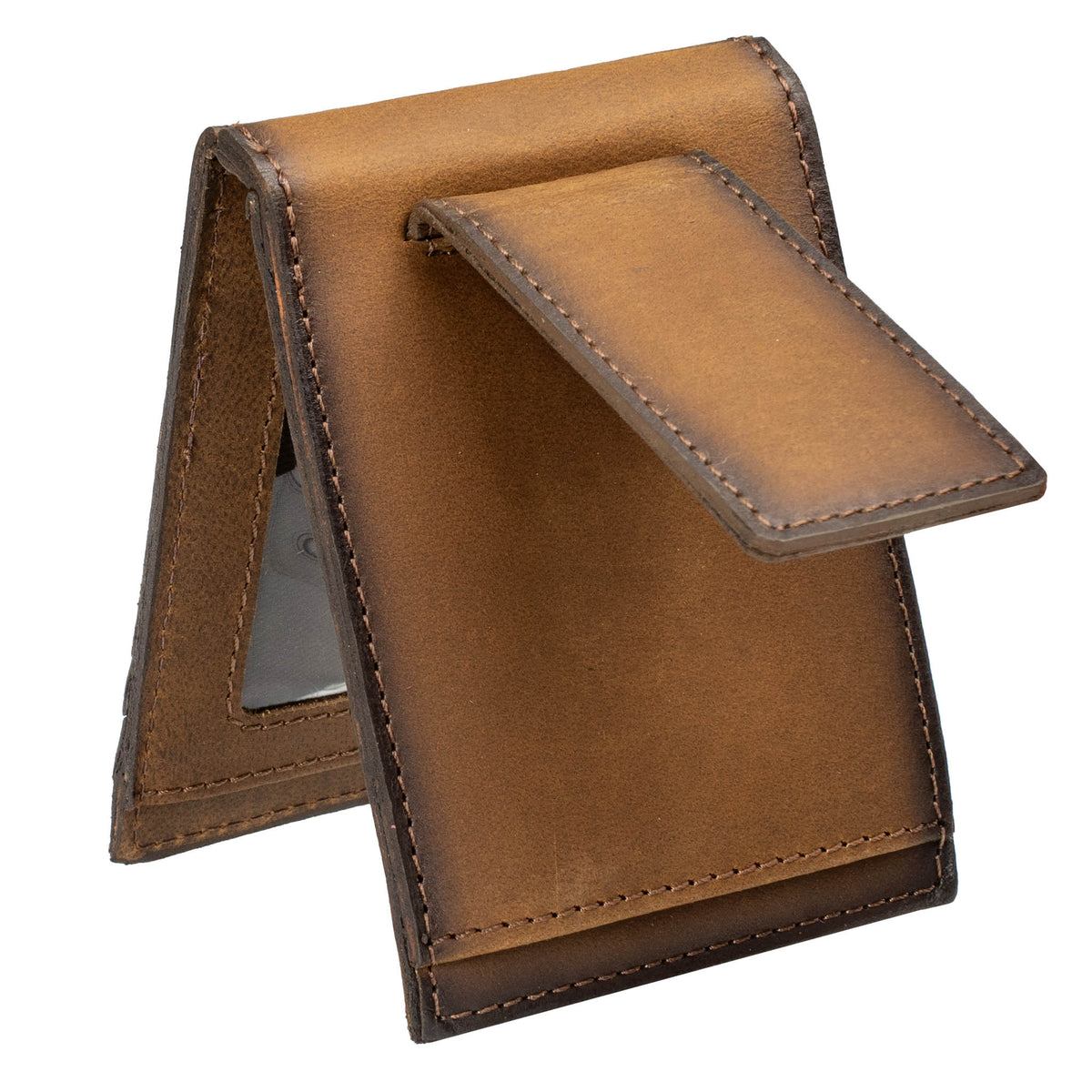 A brown, full grain leather wallet with a money clip on a white background.