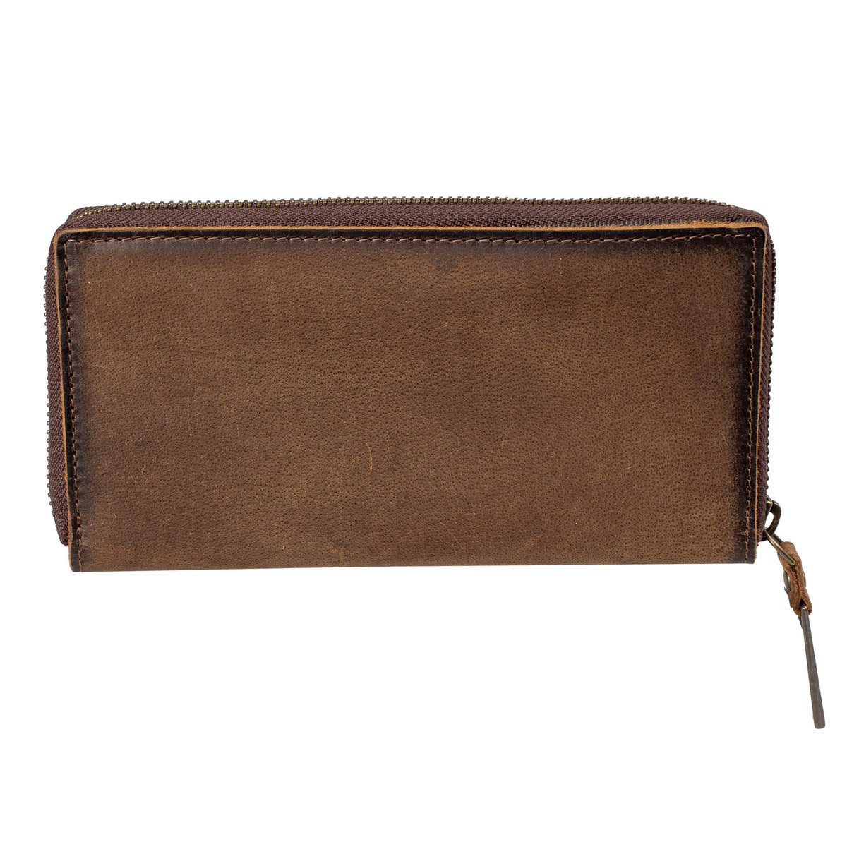 Brown leather wallet with zip around closure on a white background.