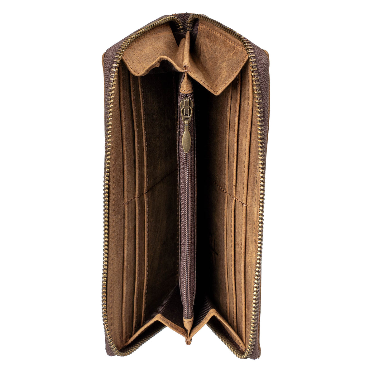 Unzipped brown leather wallet with internal card slots and a zip closure pocket on a white background.