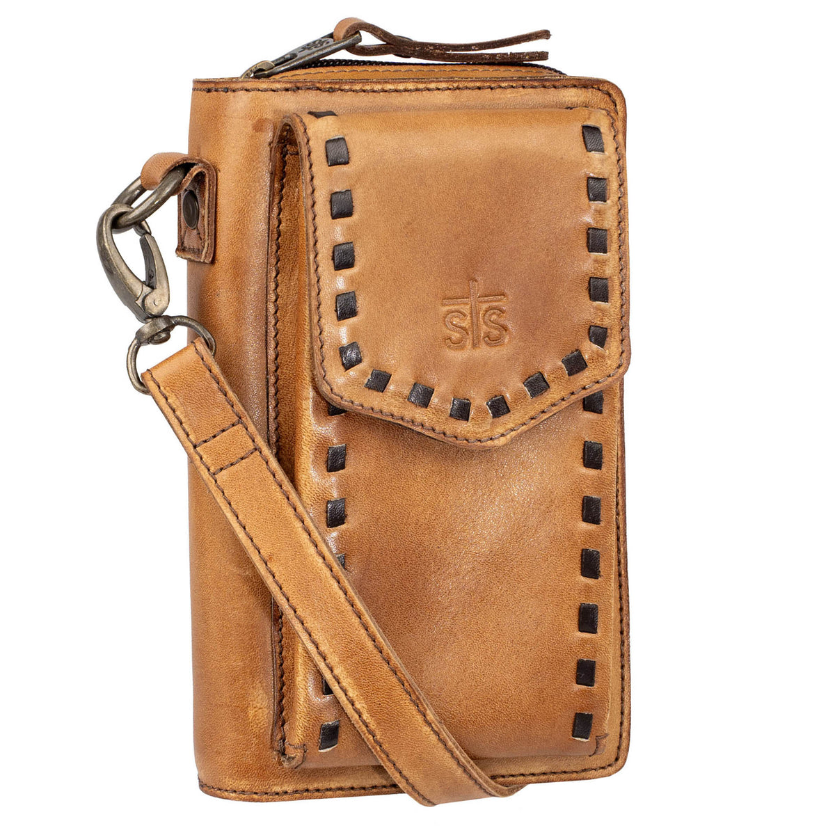 Front side view of a Bandera tan leather phone sling wallet with buckstitch, zip around closure, magnetic flap for phone, and adjustable crossbody strap on a white background.